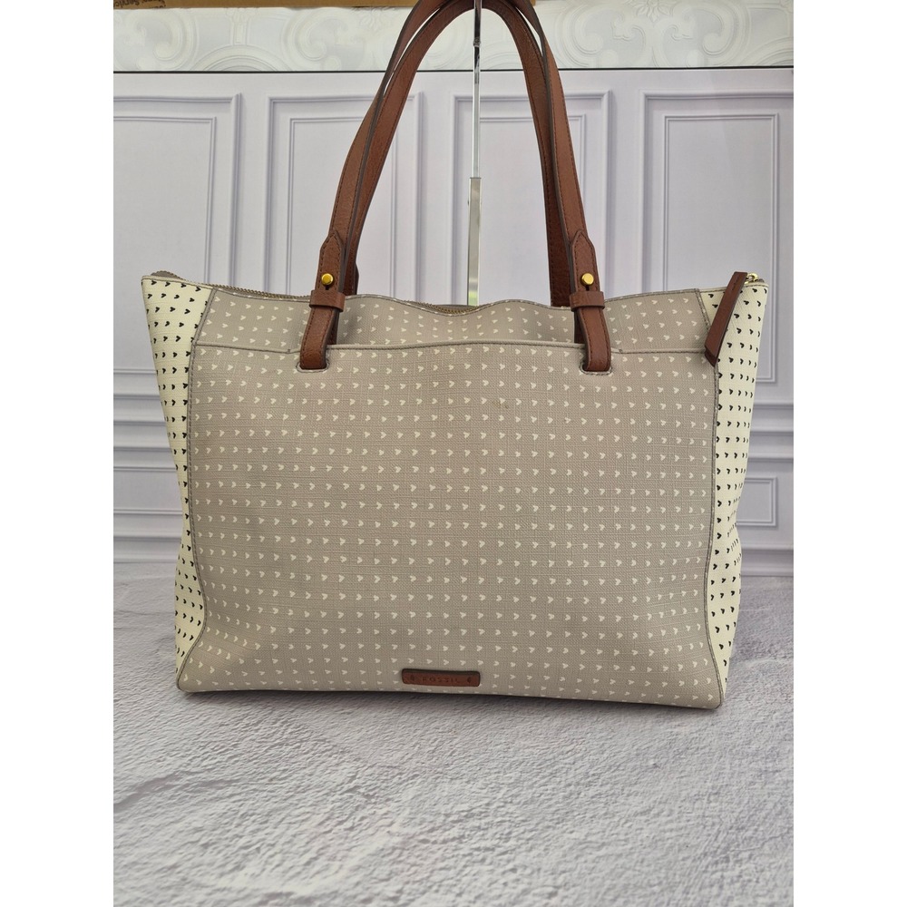 Fossil Rachel Tote Bag Tan Cream Heart Print Zip Top Shoulder Bag Handbag